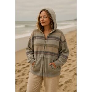 Free People Uptown Striped Oversize Zip Hoodie Womens  L Boho Beachy Cozycore